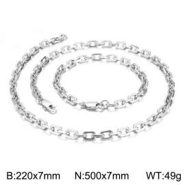 7mm width Stainless Steel Silver Rectangle Cable Chain Bracelet Necklace Set