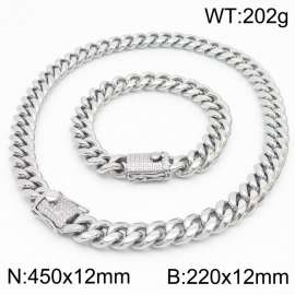 Stainless steel 220 × 12mm&450 × 12mm Cuban Chain Simple Diamond Buckle Classic Fashion Silver Jewelry Set