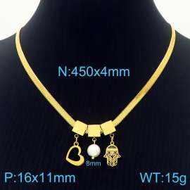 450mm Women Gold-Plated Snake Bone Chain Necklace with Pearl&Love Heart&Thick Palm Pendants