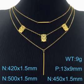 500mm Women Gold-Plated Stainless Steel Triple-Chain Necklace with Owl Charms&Thin Bar Pendant