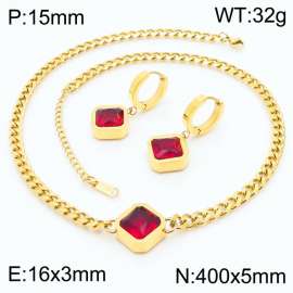 Stainless steel 400X5mm cuban chain with red stone charm fashional gold earring set