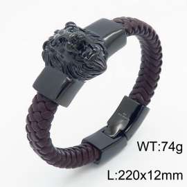 Brown leather black lion head snap fastener men's woven leather bracelet