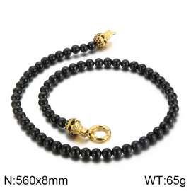 Men's Gold Skull Zircon Black Onyx Bead Necklace