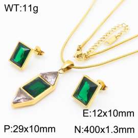 Stainless steel 400X1.3mm snake chain with two transparent stone triangle square green stone charm fashional gold earring set