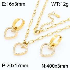 Stainless steel 400X3mm link chain with hollow love heart crystal charm fashional gold earring set