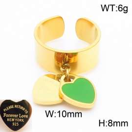 Stainless steel simple and fashionable C-shaped open gold ring with a gold and green heart shaped pendant hanging in the middle