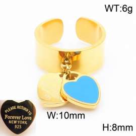Stainless steel simple and fashionable C-shaped open gold ring with a gold and blue heart shaped pendant hanging in the middle