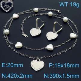 Stainless steel double layer chain splicing pearl heart shaped and round bead hanging love pendant temperament silver set