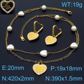 Stainless steel double layer chain splicing pearl heart shaped and round bead hanging love pendant temperament gold set