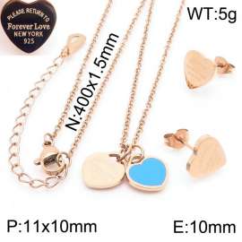 O-Chain Link Chain Stainless Steel Necklace & Earrings  With Blue Heart Shape Pendant Rose Gold Color