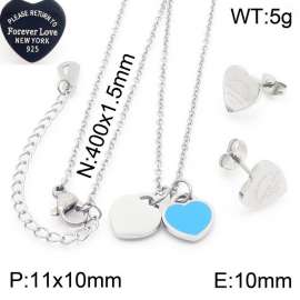 O-Chain Link Chain Stainless Steel Necklace & Earrings  With Blue Heart Shape Pendant Silver Color