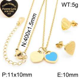 O-Chain Link Chain Stainless Steel Necklace & Earrings  With Blue Heart Shape Pendant Gold Color