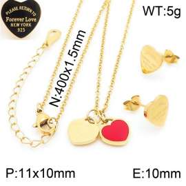 O-Chain Link Chain Stainless Steel Necklace & Earrings  With Red Heart Shape Pendant Gold Color