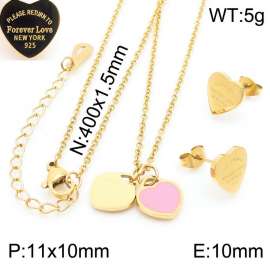 O-Chain Link Chain Stainless Steel Necklace & Earrings  With Pink Heart Shape Pendant Gold Color