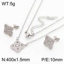 Fashionable stainless steel inlaid diamond flower pendant jewelry charm 2-piece silver set