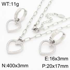 Fashionable stainless steel with hollowed out heart shaped diamond pendant charm jewelry 2-piece silver set