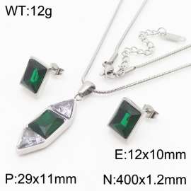 Fashionable stainless steel Hexagonal prism inlaid with triangular transparent diamond and square green gem jewelry pendant charm 2-piece silver set