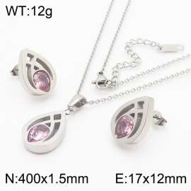 Fashionable stainless steel hollowed out droplet shaped inlay with pink transparent diamond pendant charm 2-piece silver set