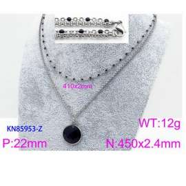450mm Women Stainless Steel&Black Stone Double Style Chain Necklace with Black Pixeled Mirror