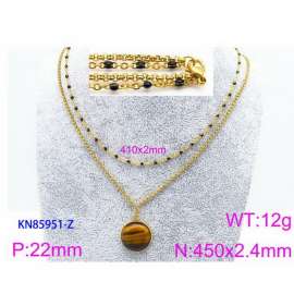 450mm Women Stainless Steel&Black Stone Double Style Chain Necklace with Yellow&Brown Round Pendant