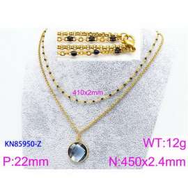 450mm Women Gold-Plated Stainless Steel&Black Stone Double Style Chain Necklace with Blue Pixeled Mirror
