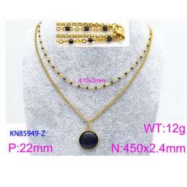 450mm Women Gold-Plated Stainless Steel&Black Stone Double Style Chain Necklace with Black Round Blank Pendant