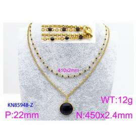 450mm Women Gold-Plated Stainless Steel&Black Stone Double Style Chain Necklace with Black Pixeled Mirror