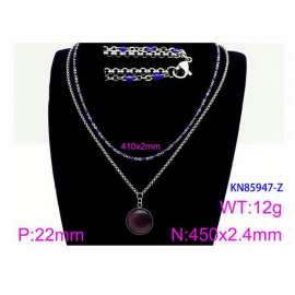 450mm Women Stainless Steel&Blue Stone Double Style Chain Necklace with Purple Round Blank Pendant