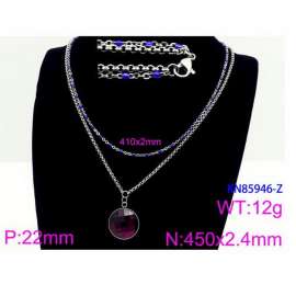 450mm Women Stainless Steel&Blue Stone Double Style Chain Necklace with Purple Pixeled Mirror
