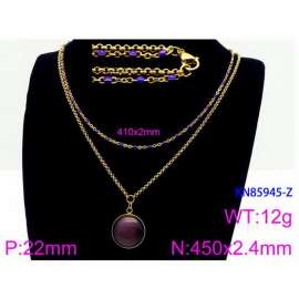 450mm Women Gold-Plated Stainless Steel&Blue Stone Double Style Chain Necklace with Purple Round Blank Pendant