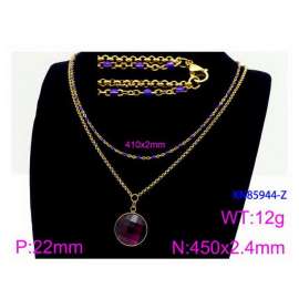 450mm Women Gold-Plated Stainless Steel&Blue Stone Double Style Chain Necklace with Purple Pixeled Mirror