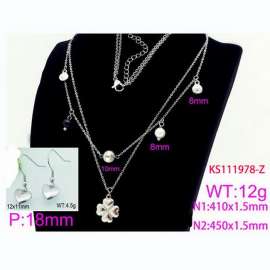 Women Stainless Steel Jewelry Set with 450mm Clover&Pearl Charms Necklace&Love Heart Earrings