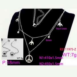 Women Stainless Steel 450mm Necklace&Earrings Jewelry Set with Gull&Peace Sign Charms