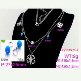 Women Stainless Steel&Blue Stone 450mm Necklace&Earrings Jewelry Set with Cartoon Clover Charms