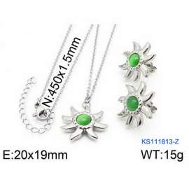 Women Stainless Steel Green Gem Flower Charm Jewelry Set with 450cm Necklace&Earrings