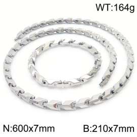 Fashion stainless steel 600 × 7mm&210 × 7mm geometric splicing chain magnetic buckle charm silver set