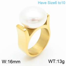 Women Elegant Gold-Plated Stainless Steel&Pearl Jewelry Ring
