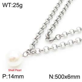 Stainless Steel Necklace O Chain With Shell Pearl Pendant Silver Color