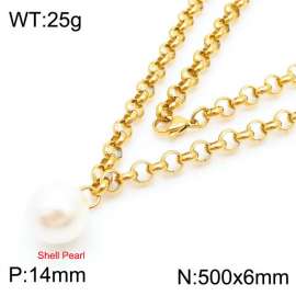 Stainless Steel Necklace O Chain With Shell Pearl Pendant Gold Color
