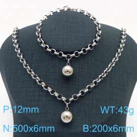 Stainless Steel Set Necklace And Bracelet O Chain With Round Bead Silver Color