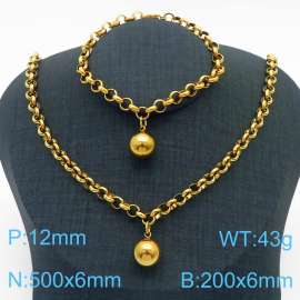 Stainless Steel Set Necklace And Bracelet O Chain With Round Bead Gold Color