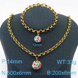 Stainless Steel Set Necklace And Bracelet O Chain With Colorful Stone Ball Gold Color