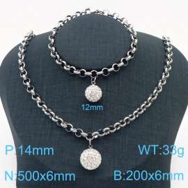 Stainless Steel Set Necklace And Bracelet O Chain With Stone Ball Silver Color
