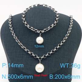 Stainless Steel Set Necklace And Bracelet O Chain With Shell Pearl Silver Color
