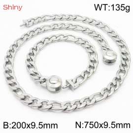 Fashionable stainless steel 200x9.5mm&750x9.5mm3：1 thick chain circular polished buckle jewelry charm silver set