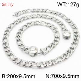 Fashionable stainless steel 200x9.5mm&700x9.5mm3：1 thick chain circular polished buckle jewelry charm silver set