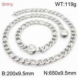 Fashionable stainless steel 200x9.5mm&650x9.5mm3：1 thick chain circular polished buckle jewelry charm silver set