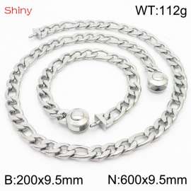 Fashionable stainless steel 200x9.5mm&600x9.5mm3：1 thick chain circular polished buckle jewelry charm silver set