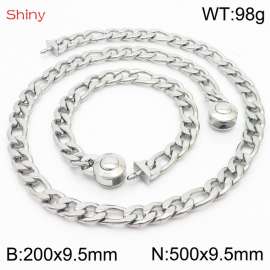 Fashionable stainless steel 200x9.5mm&500x9.5mm3：1 thick chain circular polished buckle jewelry charm silver set