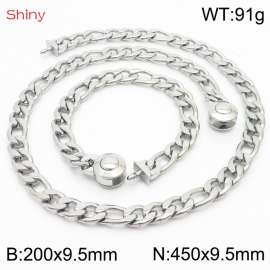 Fashionable stainless steel 200x9.5mm&450x9.5mm3：1 thick chain circular polished buckle jewelry charm silver set